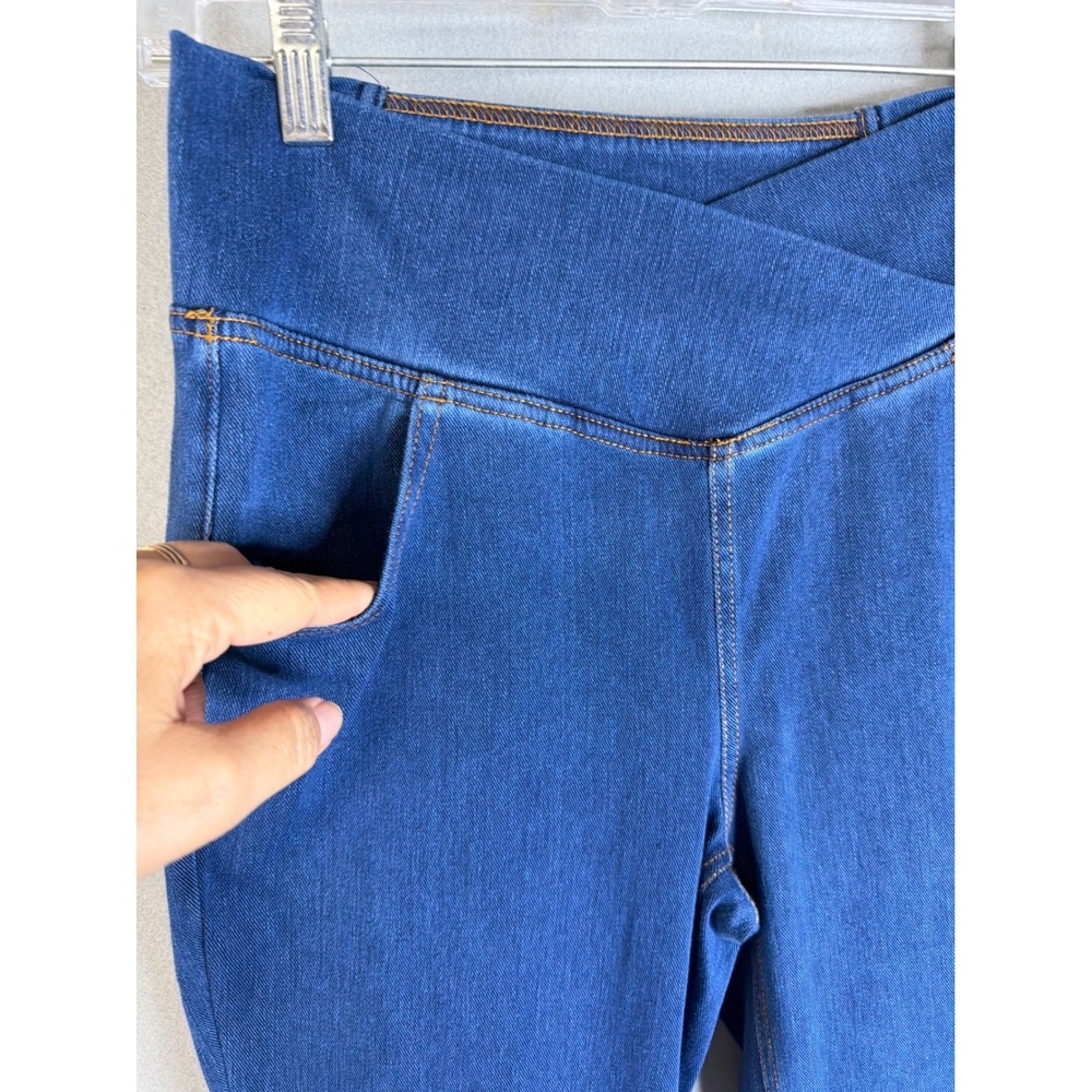 Halara Womens M Petite Flex Denim Flare Pants Blue New Crossover High Waist - Picture 2 of 9